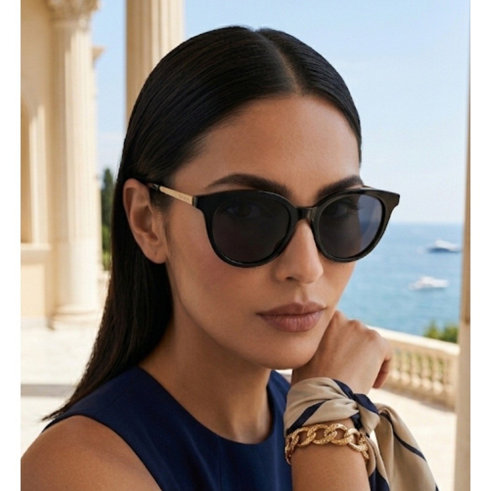 Oscar by Oscar de la Renta Womens Black Round Cat Eye Sunglasses Gold Temples